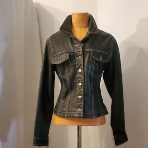 GAP Black Leather Jacket with Button Details